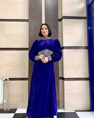 Blue VELVET Zari Stone Work Georgette Islamic Style Beads Embedded Partywear Kaftan Long Gown Evening wear Dubai kaftan 1