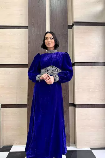 Blue VELVET Zari Stone Work Georgette Islamic Style Beads Embedded Partywear Kaftan Long Gown Evening wear Dubai kaftan