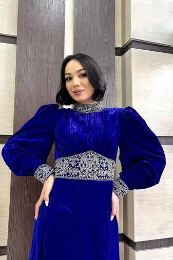 Blue VELVET Zari Stone Work Georgette Islamic Style Beads Embedded Partywear Kaftan Long Gown Evening wear Dubai kaftan