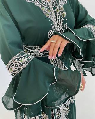 Green Zari Stone Work Georgette Islamic Style Beads Embedded Partywear Kaftan Long Gown Evening wear Dubai kaftan 3