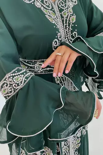 Green Zari Stone Work Georgette Islamic Style Beads Embedded Partywear Kaftan Long Gown Evening wear Dubai kaftan