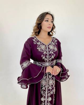 WINE Zari Stone Work Georgette Islamic Style Beads Embedded Partywear Kaftan Long Gown Evening wear Dubai kaftan 1