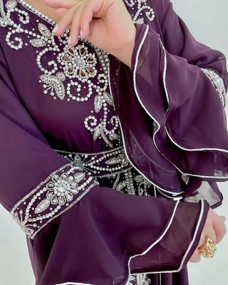 WINE Zari Stone Work Georgette Islamic Style Beads Embedded Partywear Kaftan Long Gown Evening wear Dubai kaftan 3