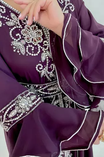 WINE Zari Stone Work Georgette Islamic Style Beads Embedded Partywear Kaftan Long Gown Evening wear Dubai kaftan