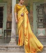 Dazzling Alphanso Yellow Sequined Satin Festive Wear Saree With Blouse