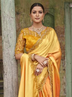 Dazzling Alphanso Yellow Sequined Satin Festive Wear Saree With Blouse 2