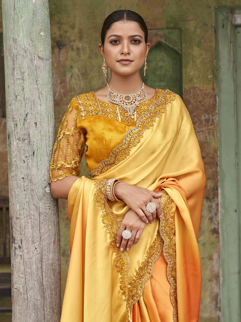 Dazzling Alphanso Yellow Sequined Satin Festive Wear Saree With Blouse