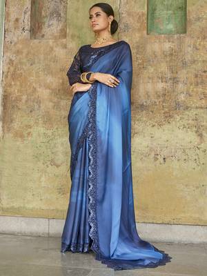 Astounding Navy-Blue Sequined Satin Festive Wear Saree With Blouse 1