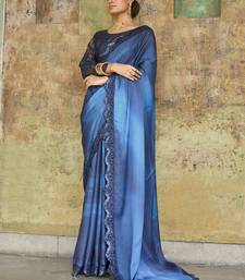Astounding Navy-Blue Sequined Satin Festive Wear Saree With Blouse