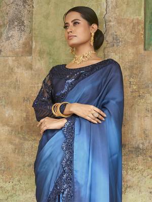 Astounding Navy-Blue Sequined Satin Festive Wear Saree With Blouse 2