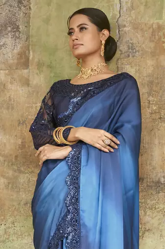 Astounding Navy-Blue Sequined Satin Festive Wear Saree With Blouse