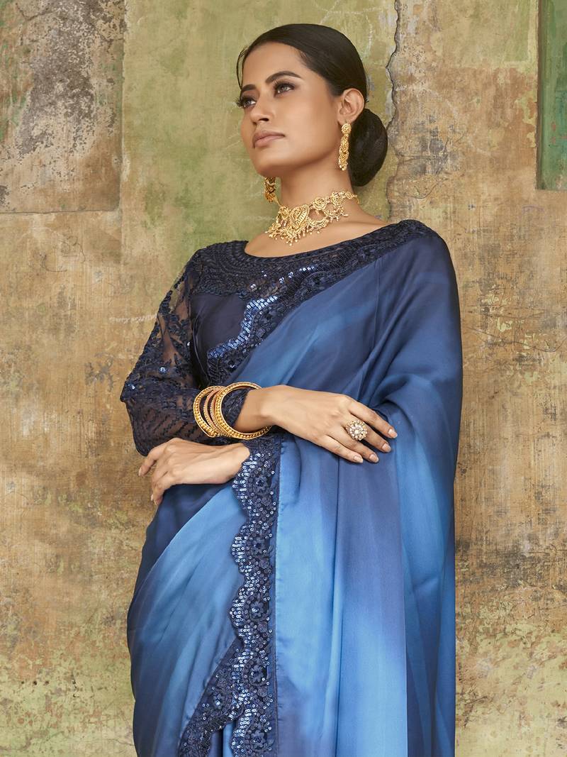 Astounding Navy-Blue Sequined Satin Festive Wear Saree With Blouse