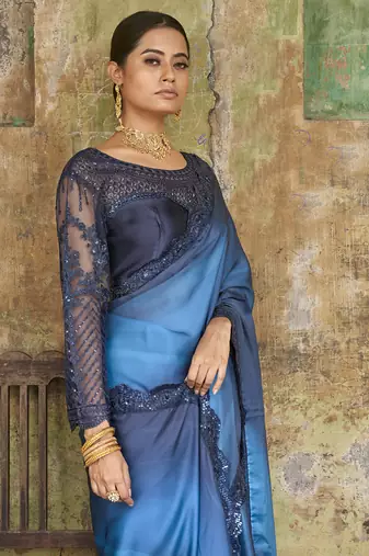 Astounding Navy-Blue Sequined Satin Festive Wear Saree With Blouse