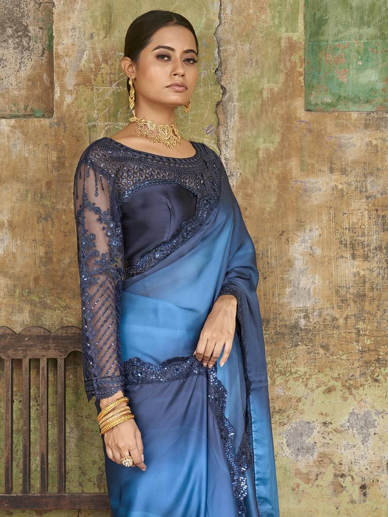 Astounding Navy-Blue Sequined Satin Festive Wear Saree With Blouse