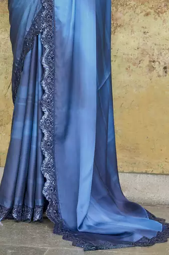 Astounding Navy-Blue Sequined Satin Festive Wear Saree With Blouse