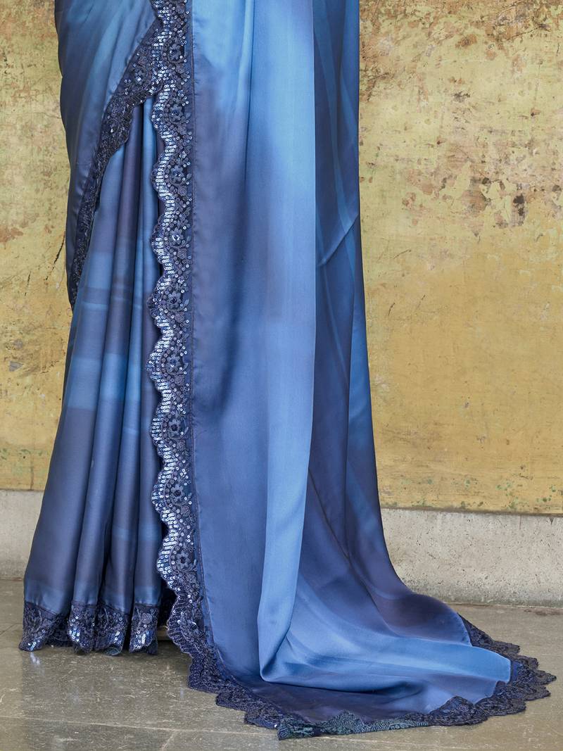 Astounding Navy-Blue Sequined Satin Festive Wear Saree With Blouse