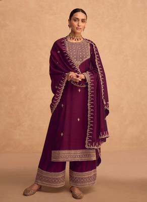 Purple Silk Finished Straight Suit For Women Ethnic Wear 1