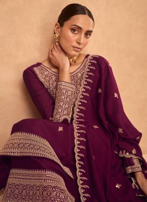 Purple Silk Finished Straight Suit For Women Ethnic Wear 3