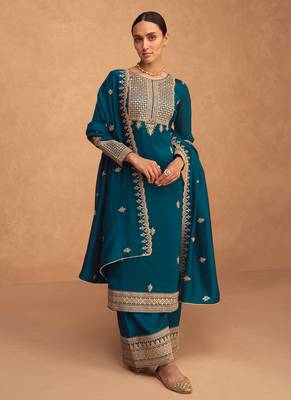 Teal Blue Silk Finished Straight Suit For Women Ethnic Wear 1