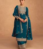 Teal Blue Silk Finished Straight Suit For Women Ethnic Wear