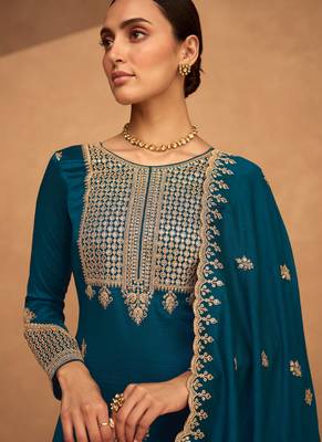 Teal Blue Silk Finished Straight Suit For Women Ethnic Wear 2