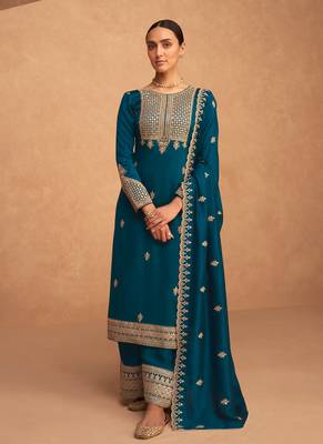 Teal Blue Silk Finished Straight Suit For Women Ethnic Wear 3