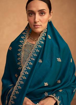 Teal Blue Silk Finished Straight Suit For Women Ethnic Wear 4
