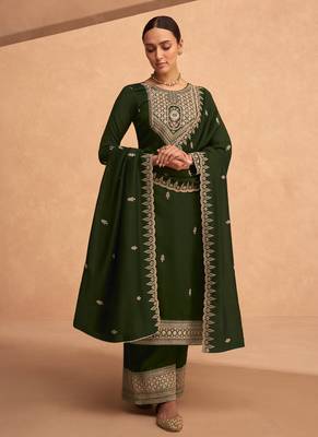Dark Green Silk Finished Straight Suit For Women Ethnic Wear 1