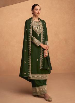 Dark Green Silk Finished Straight Suit For Women Ethnic Wear 3