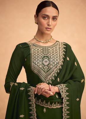 Dark Green Silk Finished Straight Suit For Women Ethnic Wear 4