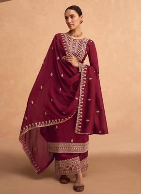 Maroon Silk Finished Straight Suit For Women Ethnic Wear 1