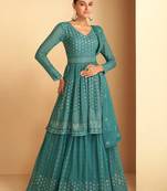 Sky Blue Georgette Based Party Wear Peplum Style Suit For Women