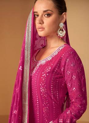 Rani Pink Georgette Based Party Wear Peplum Style Suit For Women 2