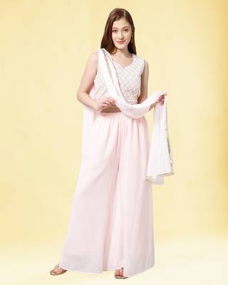 Pink Georgette Crop Top Palazzo Set 1