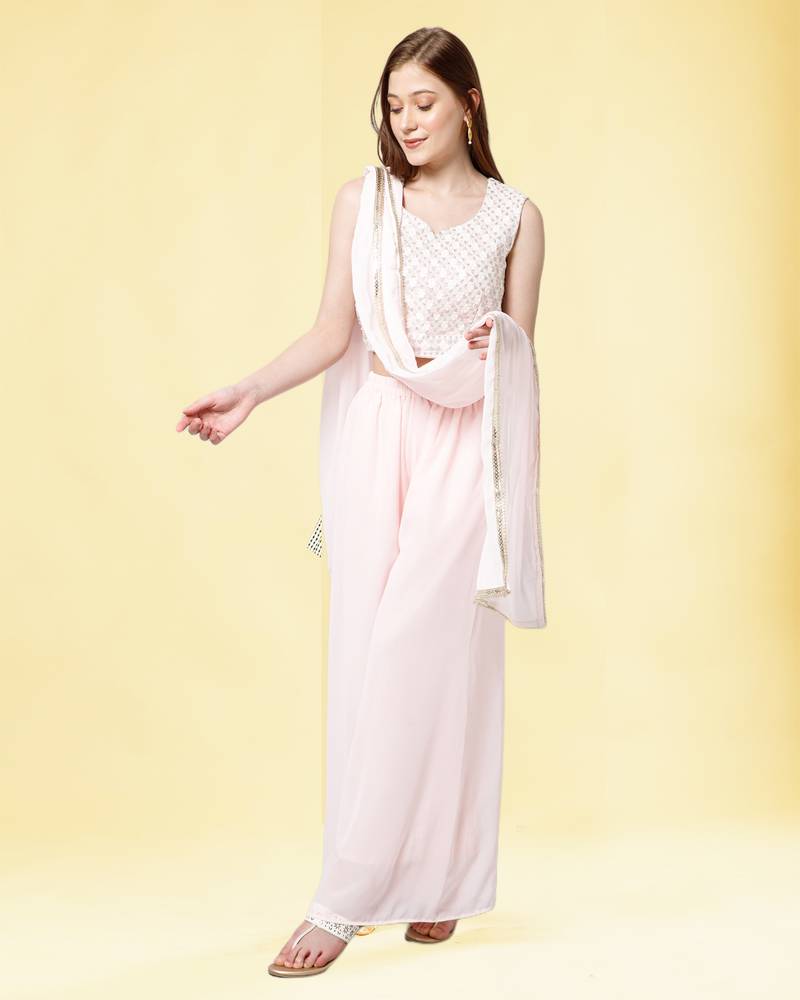 Pink Georgette Crop Top Palazzo Set