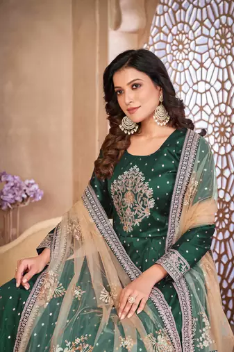 Green taffeta butti heavy thread embroidery sequins work salwar kameez