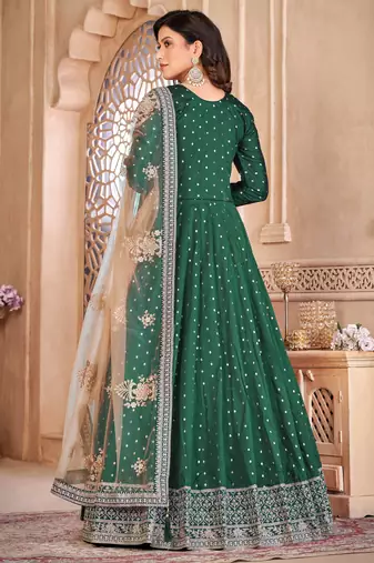 Green taffeta butti heavy thread embroidery sequins work salwar kameez
