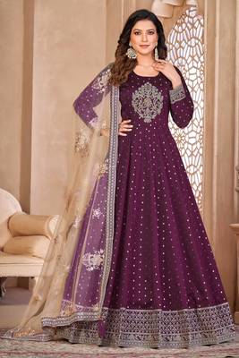 Wine taffeta butti heavy thread embroidery sequins work salwar kameez 1