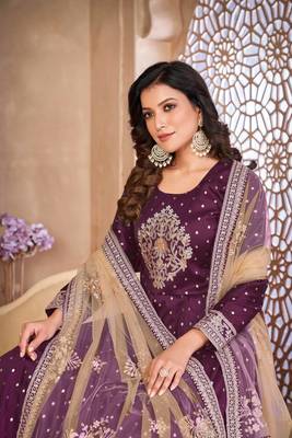 Wine taffeta butti heavy thread embroidery sequins work salwar kameez 2