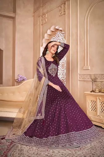 Wine taffeta butti heavy thread embroidery sequins work salwar kameez