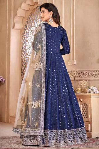 Blue taffeta butti heavy thread embroidery sequins work salwar kameez