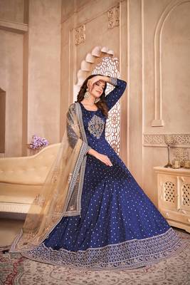 Blue taffeta butti heavy thread embroidery sequins work salwar kameez 4