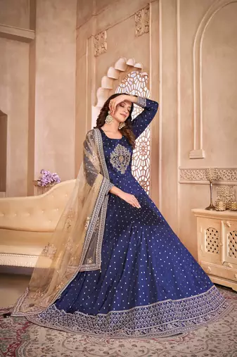 Blue taffeta butti heavy thread embroidery sequins work salwar kameez