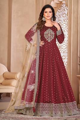 Maroon taffeta butti heavy thread embroidery sequins work salwar kameez 1