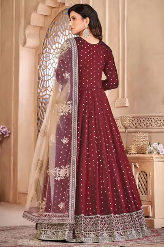 Maroon taffeta butti heavy thread embroidery sequins work salwar kameez
