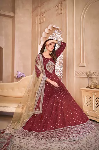 Maroon taffeta butti heavy thread embroidery sequins work salwar kameez