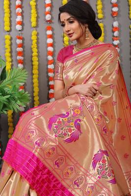Pink pure silk with gold zari Faux kanchipuram saree with blouse 3