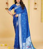 Blue pure silk with gold zari Faux kanchipuram saree with blouse