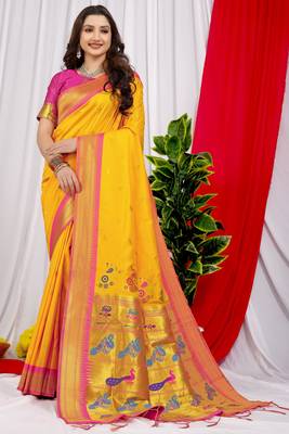 Yellow pure silk with gold zari Faux kanchipuram saree with blouse 1