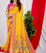 Yellow pure silk with gold zari Faux kanchipuram saree with blouse